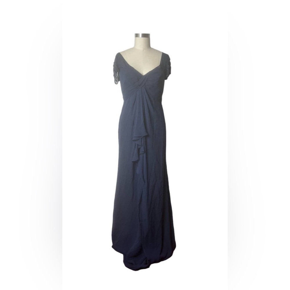 Badgley Mischka Navy Silk Beaded Cap Sleeve Floor LengthDress Size 8